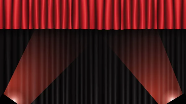 Achtergrond met zwart rood theatergordijn en schijnwerpers — Stockvector