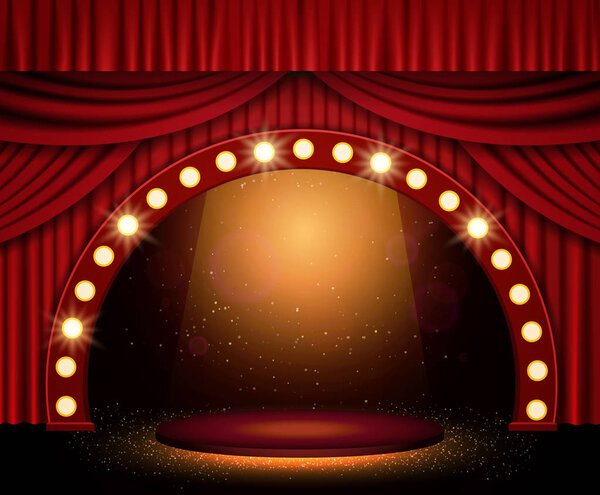 Background with red curtain and spotlights. Design for presentat