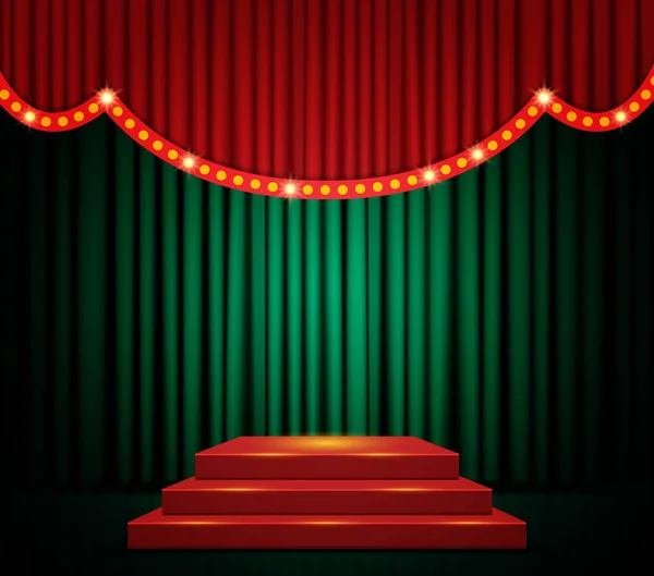Pusta scena ze sceną podium i czerwoną zieloną kurtyną — Wektor stockowy