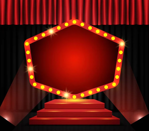 Banner retro no palco pódio e cortina vermelha —  Vetores de Stock