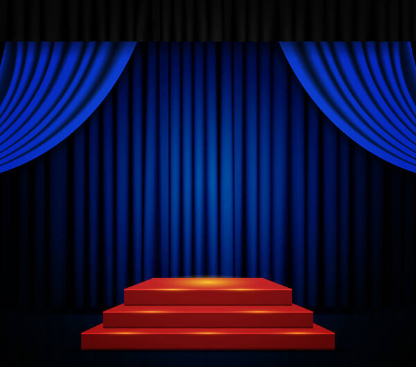 Empty scene with stage podium and red blue curtain