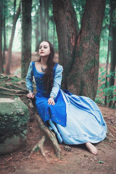 Piękna kobieta w niebieskiej średniowiecznej sukience siedzi — Zdjęcie stockowe