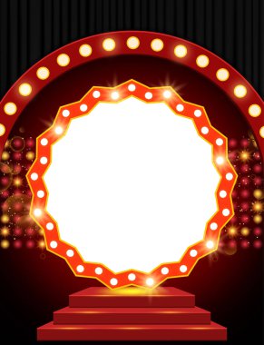 Kırmızı sahne podyumu ve siyah perdesi olan Retro pankart sahnede