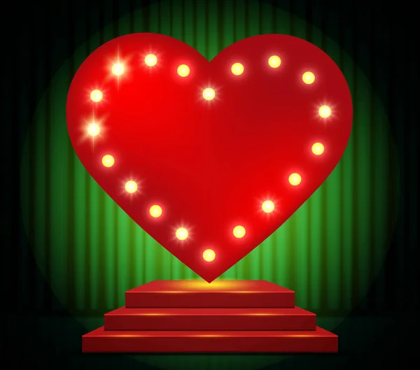 Corazón brillante en el escenario con cortina roja y verde — Archivo Imágenes Vectoriales