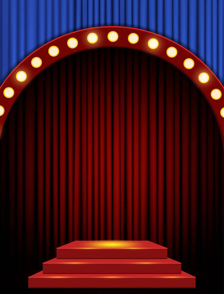 Empty scene with red stage podium and blue curtain. Design for p
