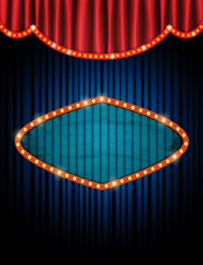 Kırmızı mavi perdede retro pankartı olan bir arka plan. Ön tasarım