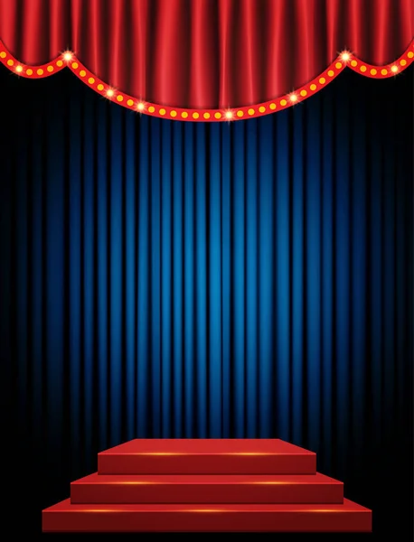 Leere Szene mit rotem Bühnenpodest und blauem Vorhang — Stockvektor