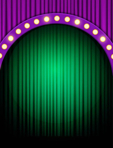 Leere Szene mit Bühne und lila grünem Vorhang — Stockvektor