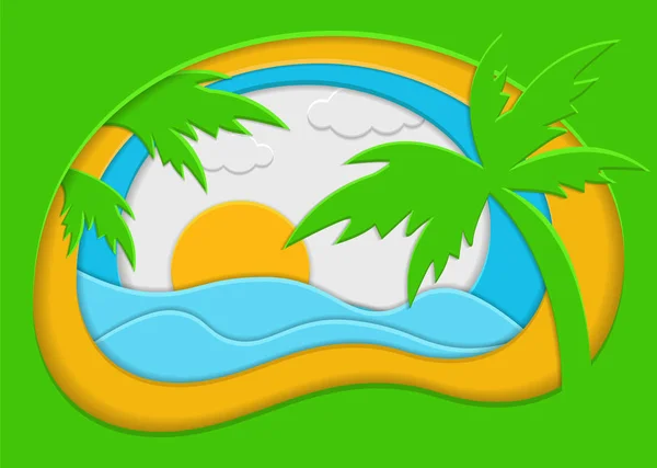 Fond d'été avec mer, sable et palmier. vecteur de coupe de papier illu — Image vectorielle