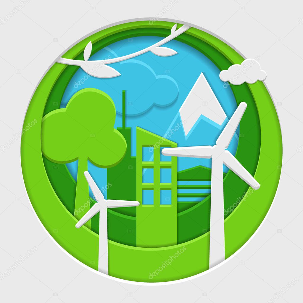 Eco friendly concept with city and nature. Paper cut vector illu