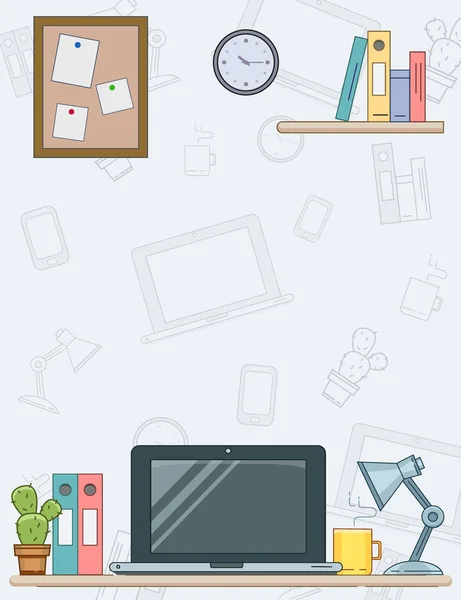 Moderner Arbeitsplatz-Hintergrund mit Laptop, Lampe, Kaffee und Blume — Stockvektor