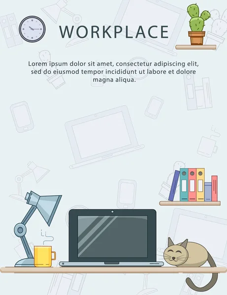 Moderne gemütliche Arbeitsplatzhintergrund mit Laptop, Lampe, Kaffee und — Stockvektor