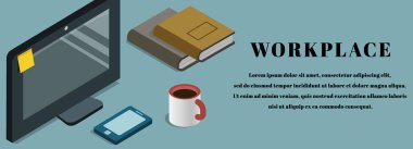 En üst görünüm İş yeri arka planı, monitör, bir fincan kahve