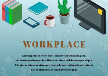 En üst görünüm İş yeri arka planı, monitör, bir fincan kahve