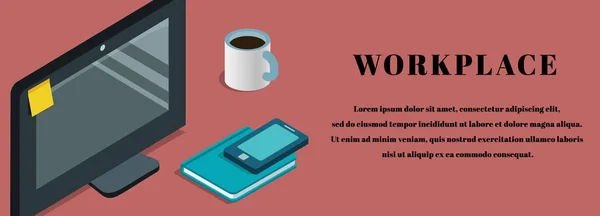Business-Arbeitsplatz-Hintergrund mit Monitor, Tasse Kaffee — Stockvektor