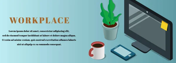Business-Arbeitsplatz-Hintergrund mit Monitor, Tasse Kaffee — Stockvektor