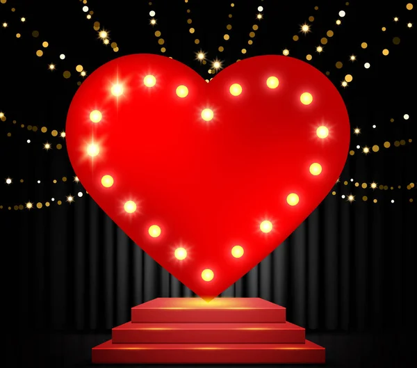 Corazón rojo brillante en el escenario con cortina negra. Diseño vectorial para — Vector de stock