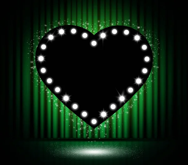 Coeur noir brillant sur scène avec rideau vert. Conception vectorielle f — Image vectorielle
