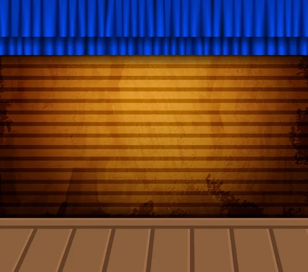 青いカーテンとヴィンテージ黄色の壁と空の舞台背景 — ストックベクタ