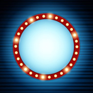 Mavi perde arkaplanındaki Retro pankart. Sunum, konser ve gösteri için tasarım. Vektör illüstrasyonu