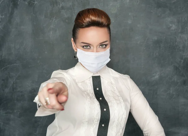 Woman Wearing Medical Face Mask Showing You Virus Flu Protection — Stock Photo, Image