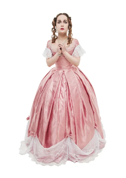 Jonge Mooie Vrouw Lange Roze Middeleeuwse Jurk Bidden Geïsoleerd Wit — Stockfoto