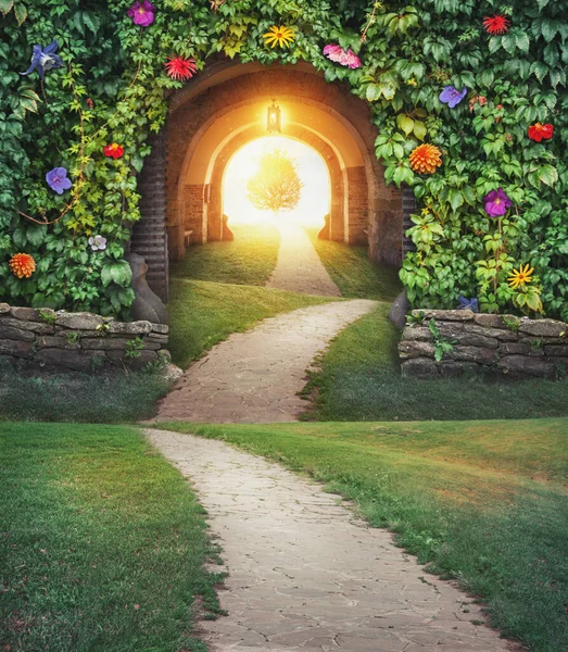 Fairy Magic Enchanted Landscape Road Mysterious Gate Sunny Entrance — Stock Photo, Image