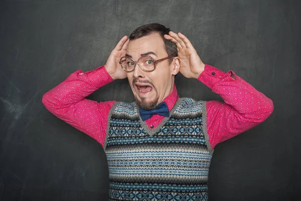 Surprised Funny Teacher Business Man Blackboard Background — Stock Photo, Image