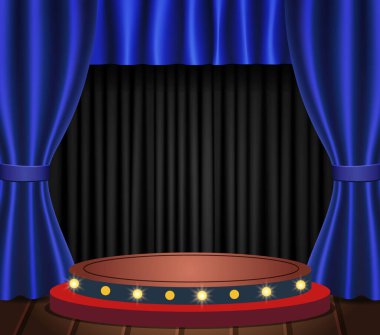 Ahşap zeminde siyah ve mavi perdeli bir arka plan ve podyum. Vektör illüstrasyonu