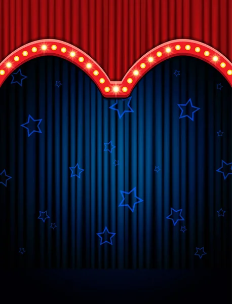 空旷的舞台上有红色的舞台 繁星和蓝色的帷幕 矢量说明 — 图库矢量图片