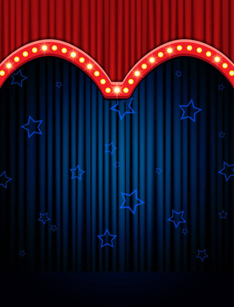 Empty scene with red stage podium, stars and blue curtain. Vector illustration