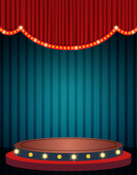 Blue curtain and stage podium on vintage background. Design for presentation, concert, show. Vector illustration
