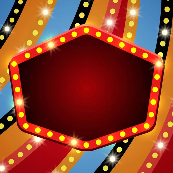 カラフルな輝くサーカスホイールの背景にレトロな赤いバナー プレゼンテーション コンサート ショーのためのデザイン ベクターイラスト — ストックベクタ