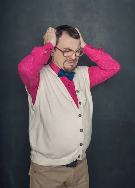 Tired Funny Teacher Businessman Eyeglasses Blackboard Background — 스톡 사진