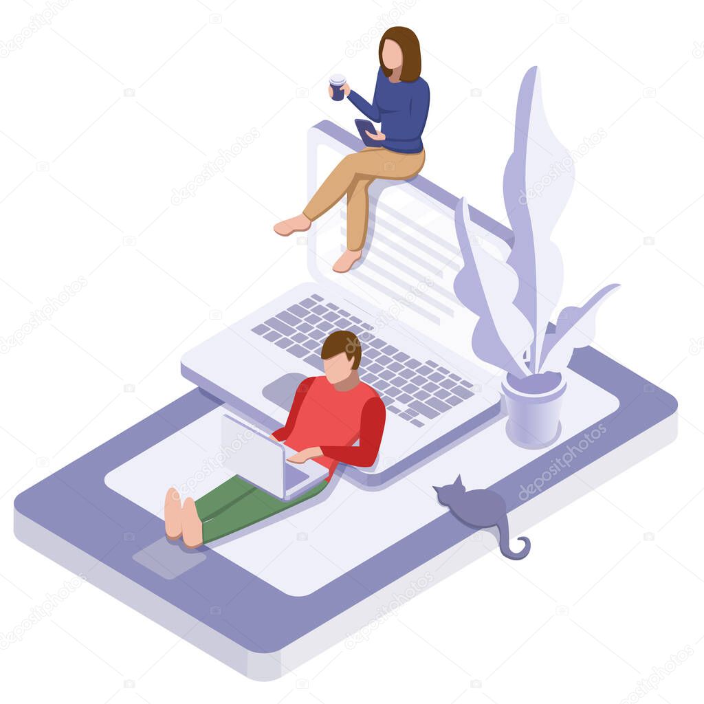 Online education or working concept. Woman and man on the phone with laptop. Vector isometric illustratio