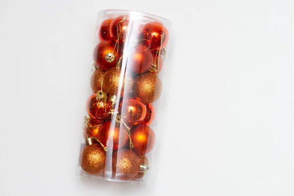 Bolas Natal Douradas Embalagens Transparentes Bolas Decoração Ano Novo Fundo — Fotografia de Stock