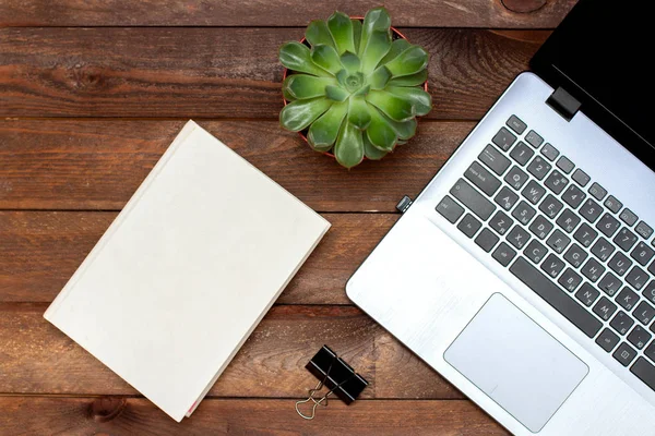 Gümüş dizüstü bilgisayarı, ataçları, boş defteri ve sulu kağıdı olan tahta tahtalar. Düz yatıyordu