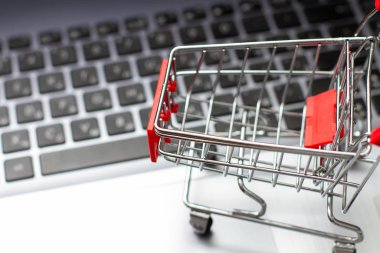 İnternetten alışveriş. Dizüstü bilgisayarda mini alışveriş arabası