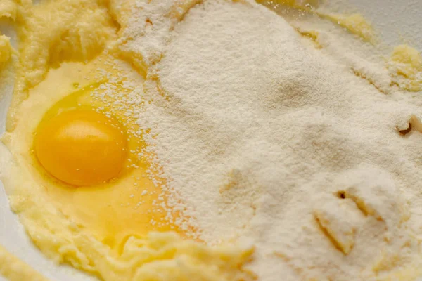 Bowl Flour Raw Egg Sugar — Stock Photo, Image