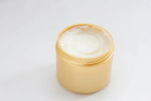 Close Beauty Cream Golden Can White Background — Stock Photo, Image