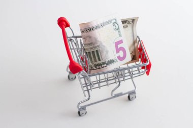 5 Amerikan doları kırmızı bir mini sepetin içinde alışveriş için