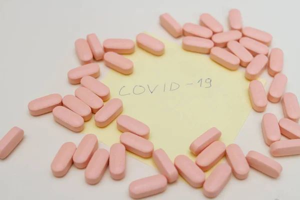 Pills Inscription Paper Sticker Covid Novel Virus Ncov 2019 — Stock Photo, Image