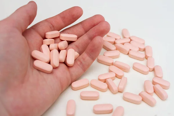 Handful Pink Pills Man Holds Vitamins Palm His Hand — Stock Photo, Image