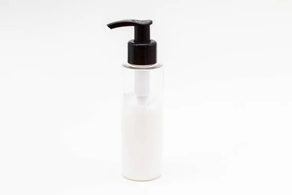 Clear Transparent Plastic Bottle Body Cream Lotion White Background — Stock Photo, Image