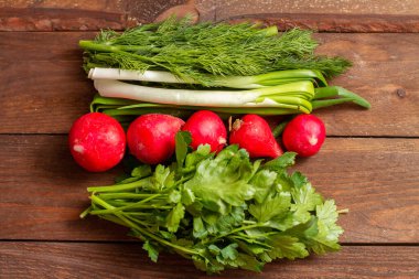 Salata için taze sebze seti. Tahta bir masada maydanoz, soğan, dereotu ve turp..