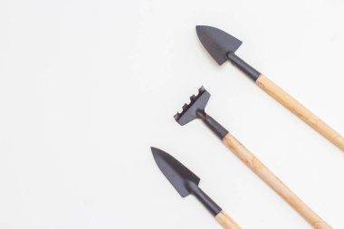 Beyaz arka planda tahta saplı oyuncak bahçe aletleri. Üst görünüm, ücretsiz kopyalama alanı.