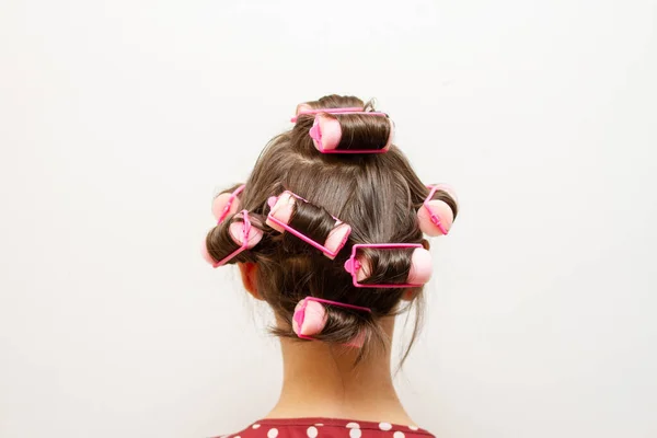 Hair Curlers Head Brunette Girl — Stock Photo, Image