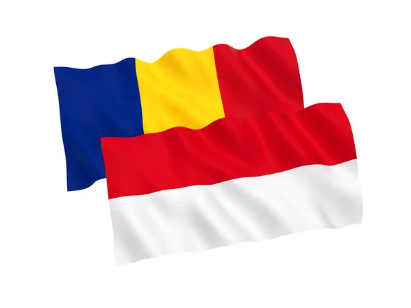 Banderas de Rumanía e Indonesia sobre fondo blanco — Foto de Stock