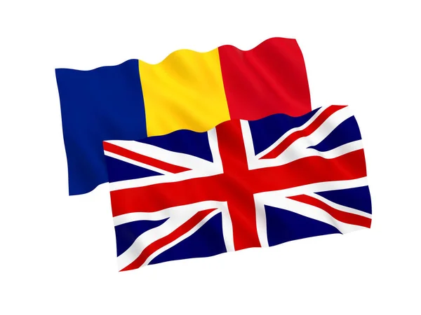Drapeaux de la Roumanie et de la Grande-Bretagne sur fond blanc — Photo