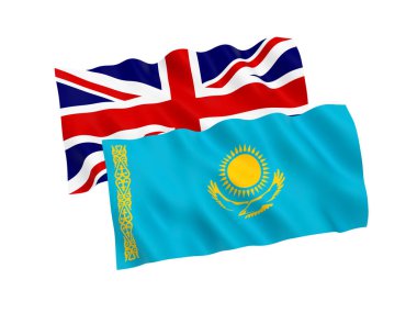 Beyaz arka planda Kazakistan ve Büyük Britanya bayrakları